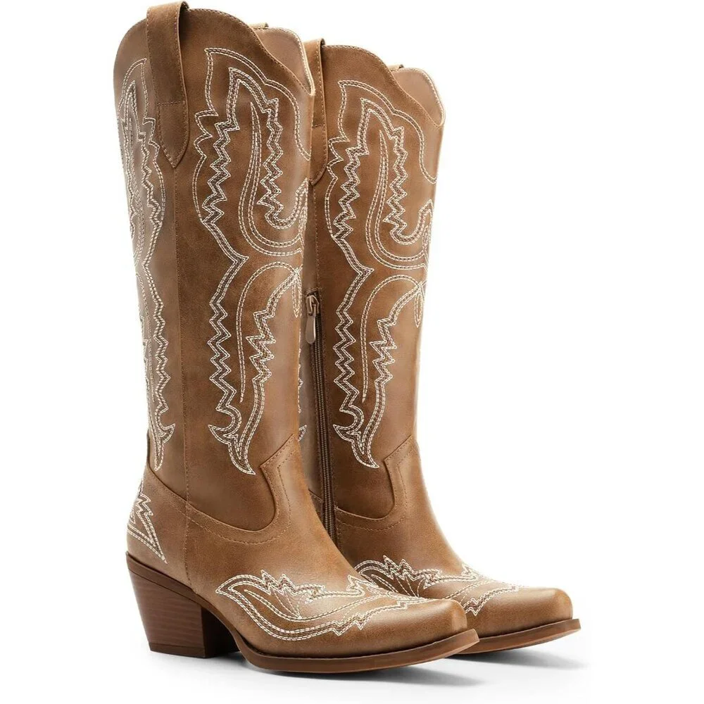 Women's Brown Square Toe Comfortable Side Zipper Tall Cowboy Knee High Boots